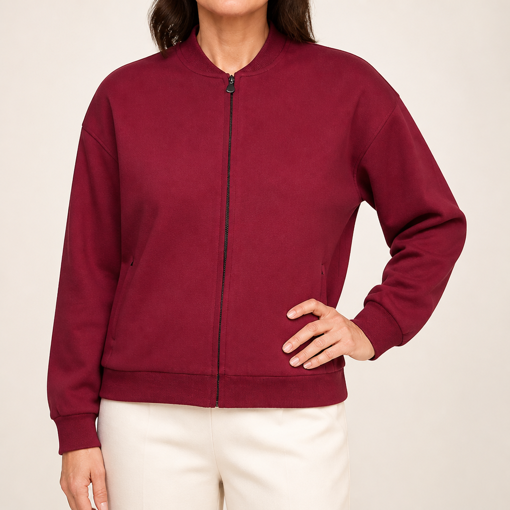 Wanda | Womens Bomber Baseball Varsity Autumn Cropped Soft Shell Light Jacket, Wine Red