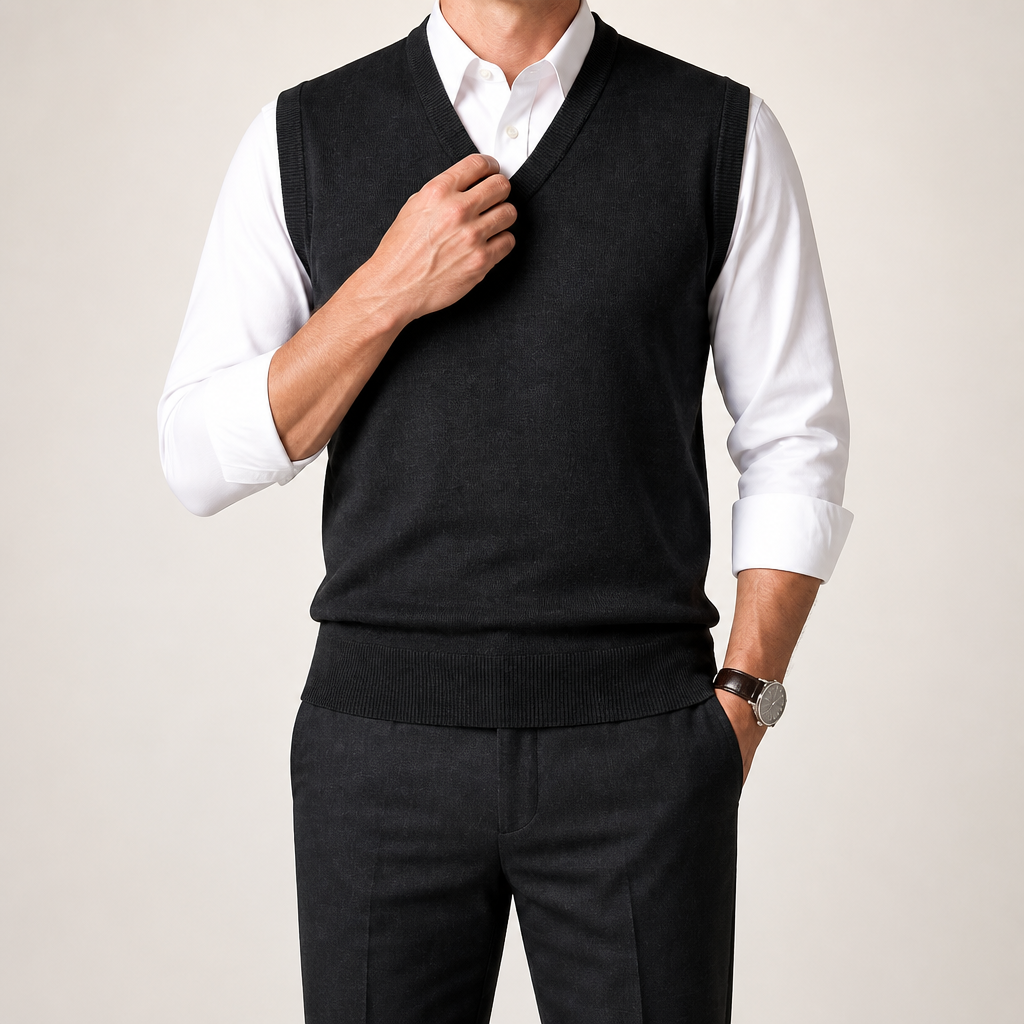 Warren | Mens Knitted Jumper V Neck Sleeveless Sweater Vest, Black 2