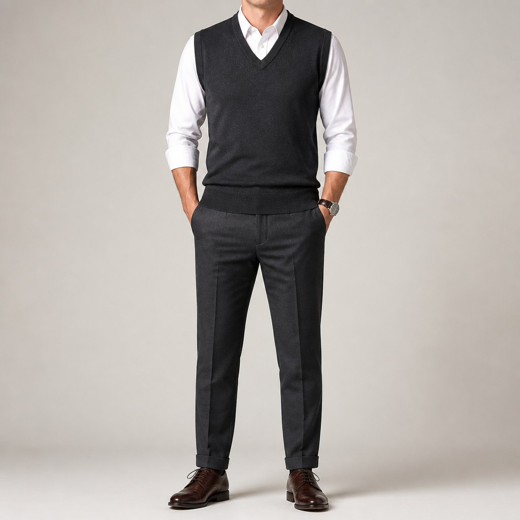 Warren | Mens Knitted Jumper V Neck Sleeveless Sweater Vest, Black 2