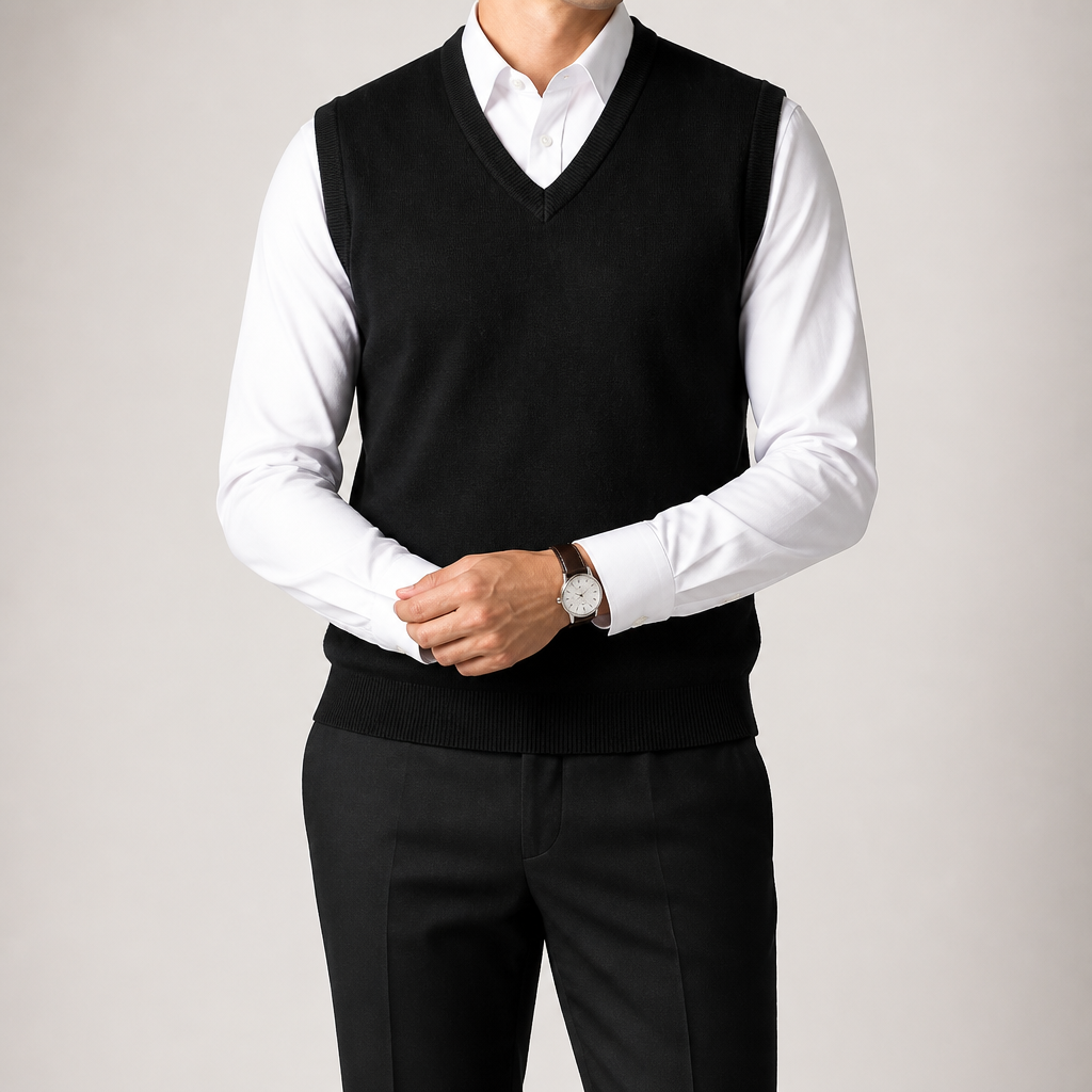Warren | Mens Knitted Jumper V Neck Sleeveless Sweater Vest, Black