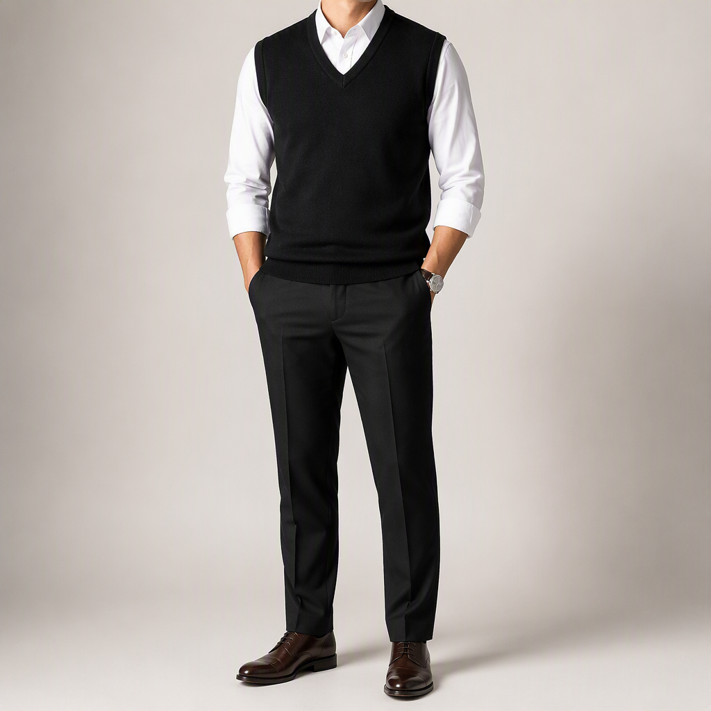 Warren | Mens Knitted Jumper V Neck Sleeveless Sweater Vest, Black