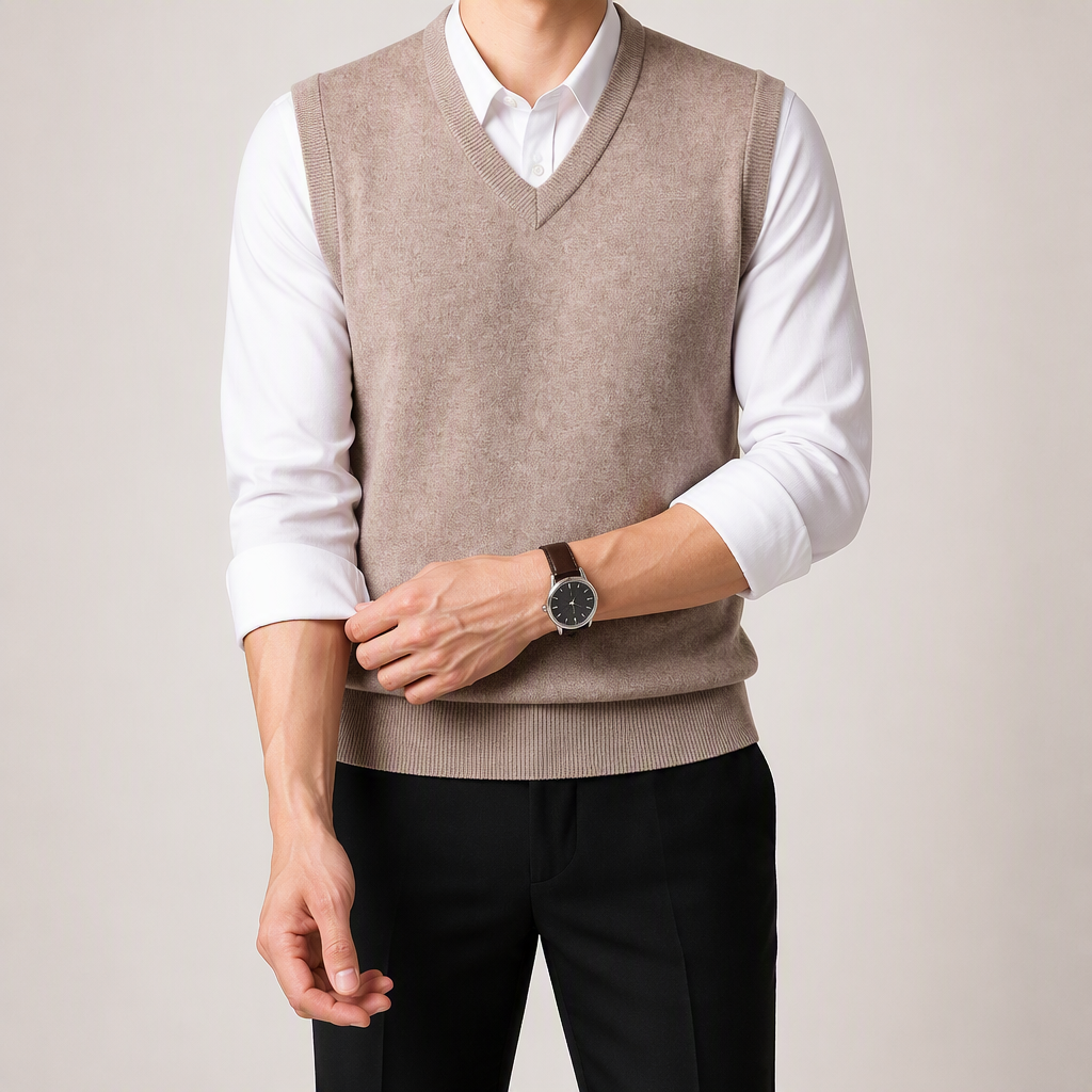 Warren | Mens Knitted Jumper V Neck Sleeveless Sweater Vest, Cream