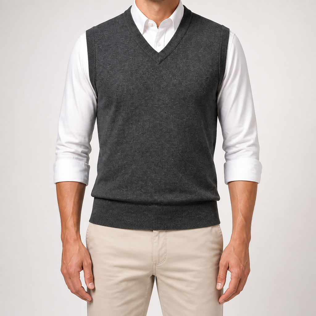 Warren | Mens Knitted Jumper V Neck Sleeveless Sweater Vest, Dark Grey