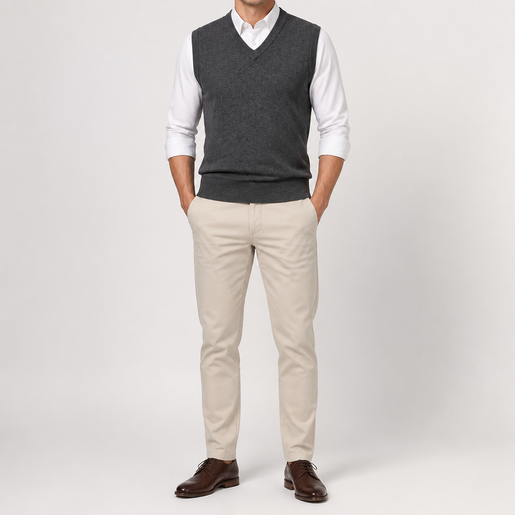 Warren | Mens Knitted Jumper V Neck Sleeveless Sweater Vest, Dark Grey