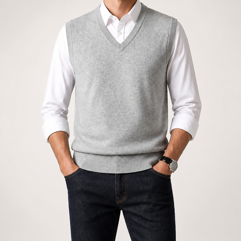 Warren | Mens Knitted Jumper V Neck Sleeveless Sweater Vest, Light Grey