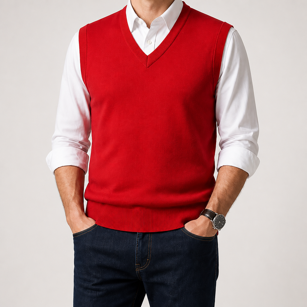 Warren | Mens Knitted Jumper V Neck Sleeveless Sweater Vest, Red