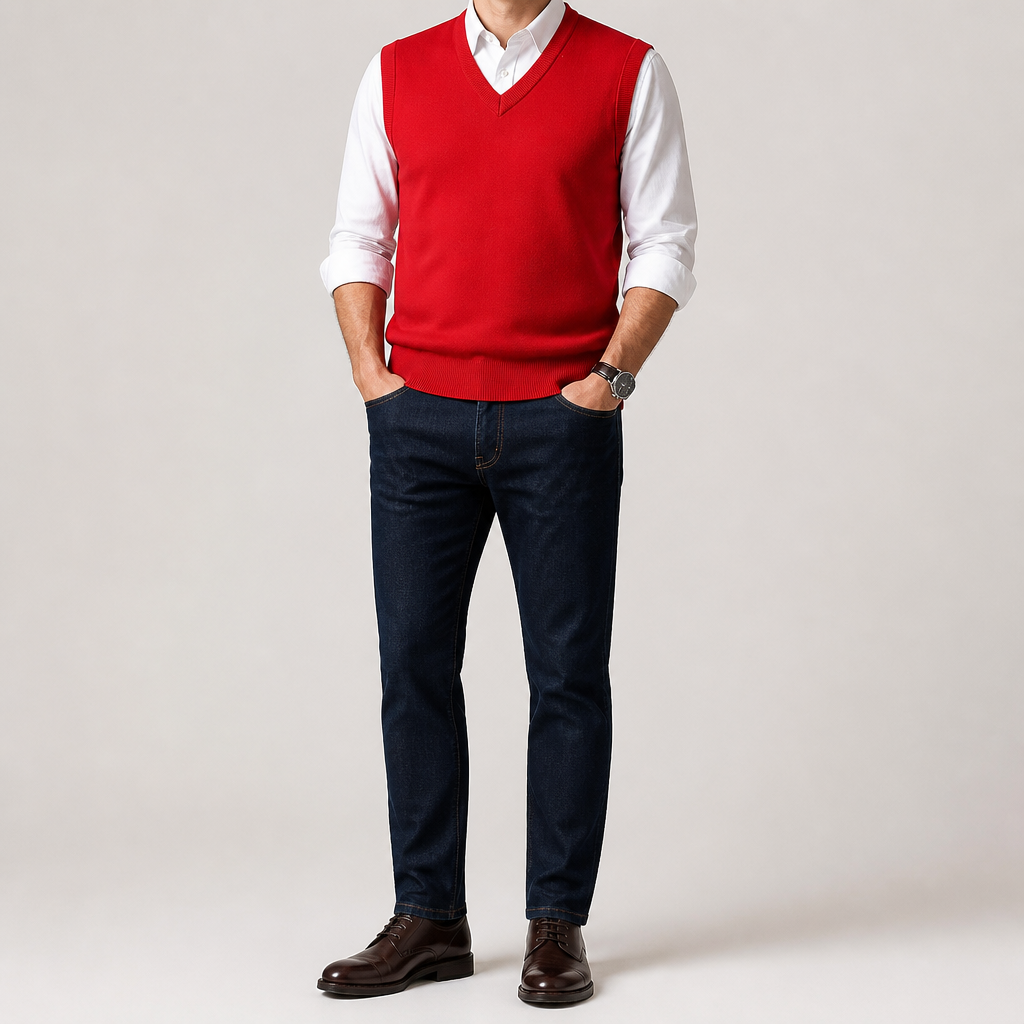 Warren | Mens Knitted Jumper V Neck Sleeveless Sweater Vest, Red