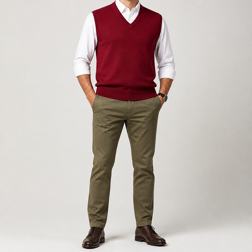 Warren | Mens Knitted Jumper V Neck Sleeveless Sweater Vest, Wine Red