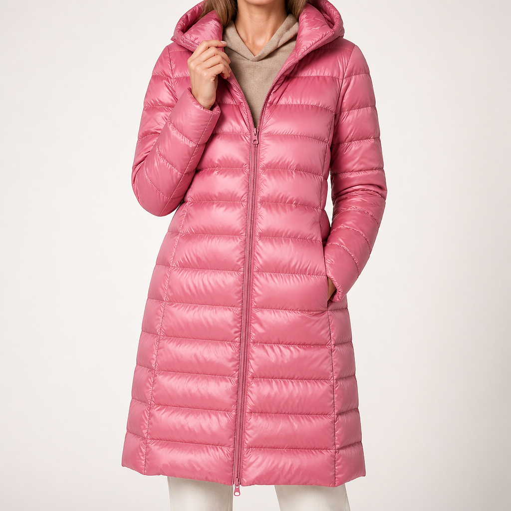 Wendell | Womens Puffer Coat Longline Hooded Down Warm Winter Coat, Pink