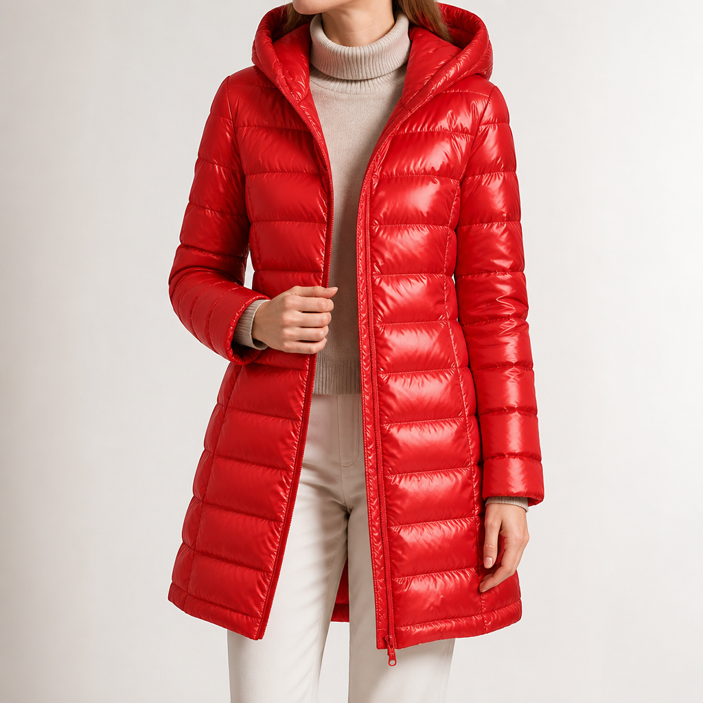 Wendell | Womens Puffer Coat Longline Hooded Down Warm Winter Coat, Red