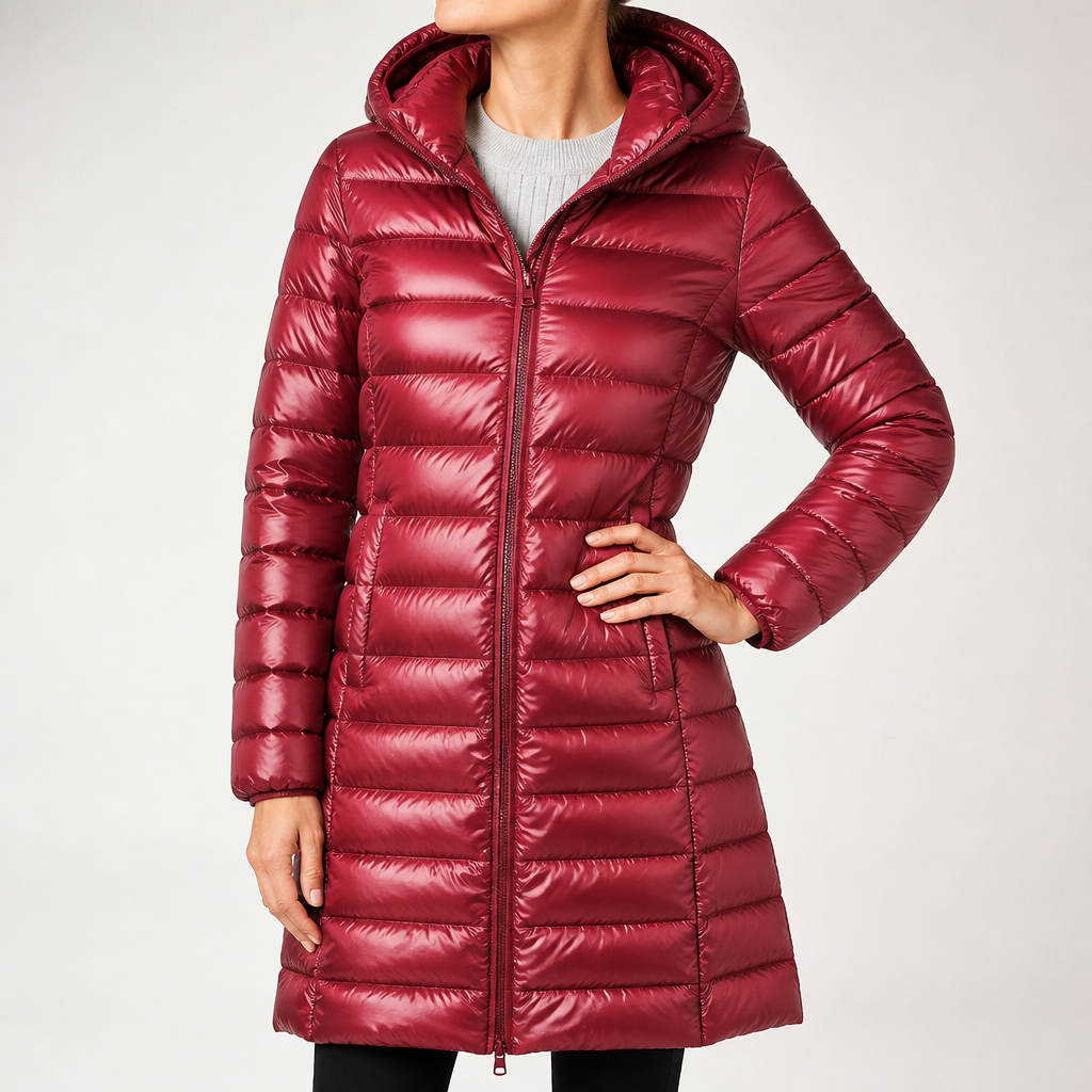 Wendell | Womens Puffer Coat Longline Hooded Down Warm Winter Coat, Wine Red