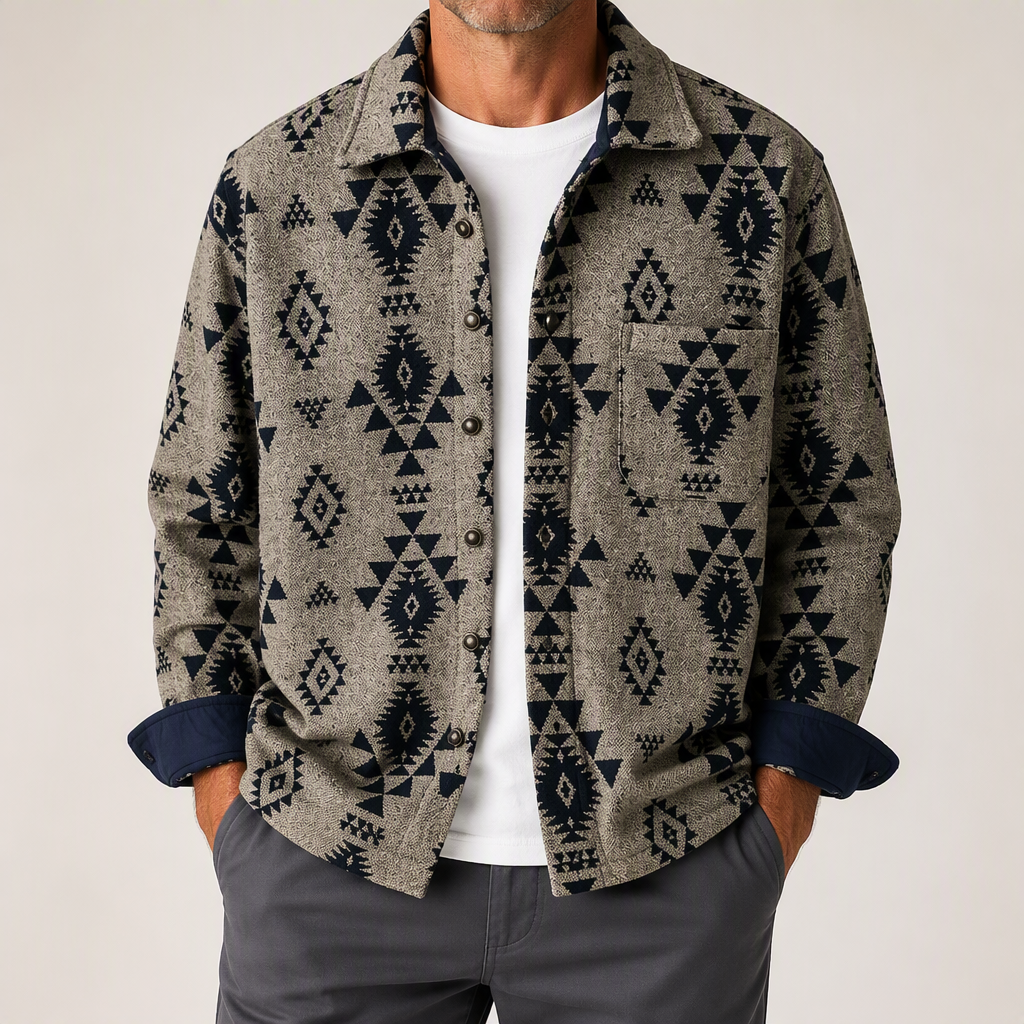 Wilder | Mens Retro Jacquard Wool Blend Overshirt Casual Shirt, Light Brown