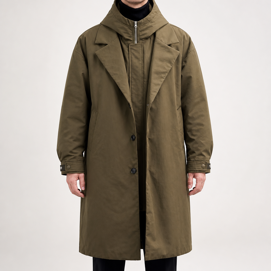 Wilhelmina | Mens Trench Winter Hooded Parka Mid Length Coat, Military Green