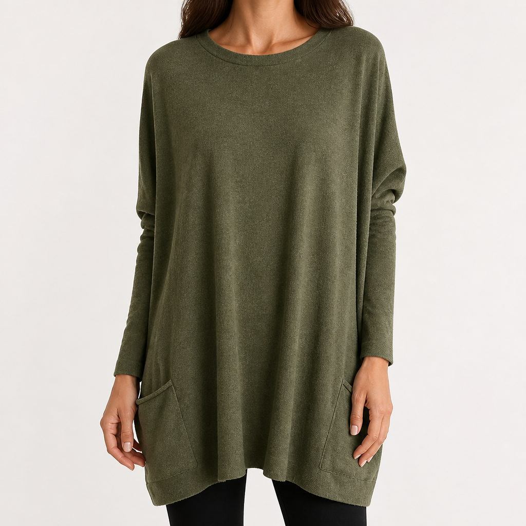 Wilhelmina | Womens Bat Sleeve Long Cotton Pocket Base Top, Army Green