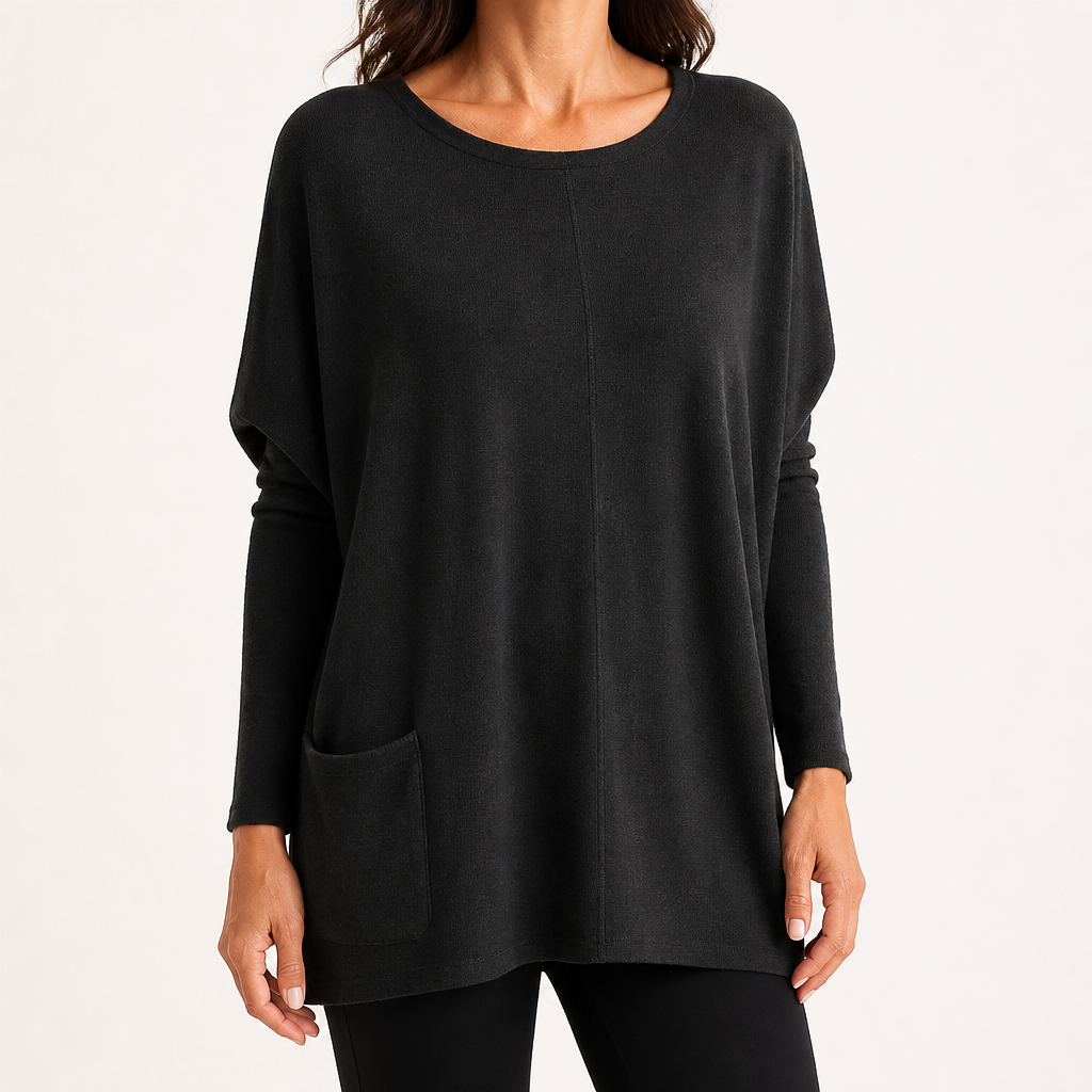 Wilhelmina | Womens Bat Sleeve Long Cotton Pocket Base Top, Black