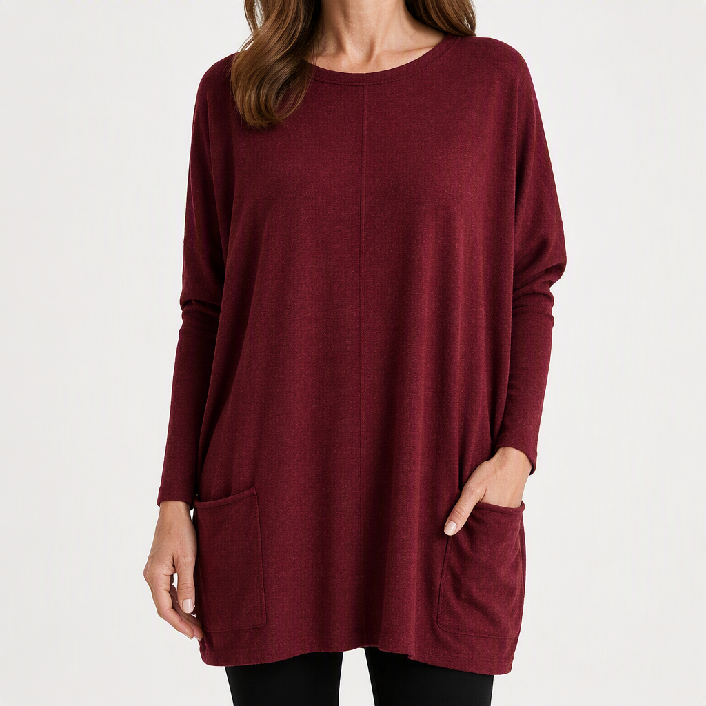 Wilhelmina | Womens Bat Sleeve Long Cotton Pocket Base Top, Burgundy