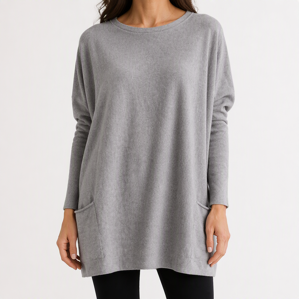 Wilhelmina | Womens Bat Sleeve Long Cotton Pocket Base Top, Grey