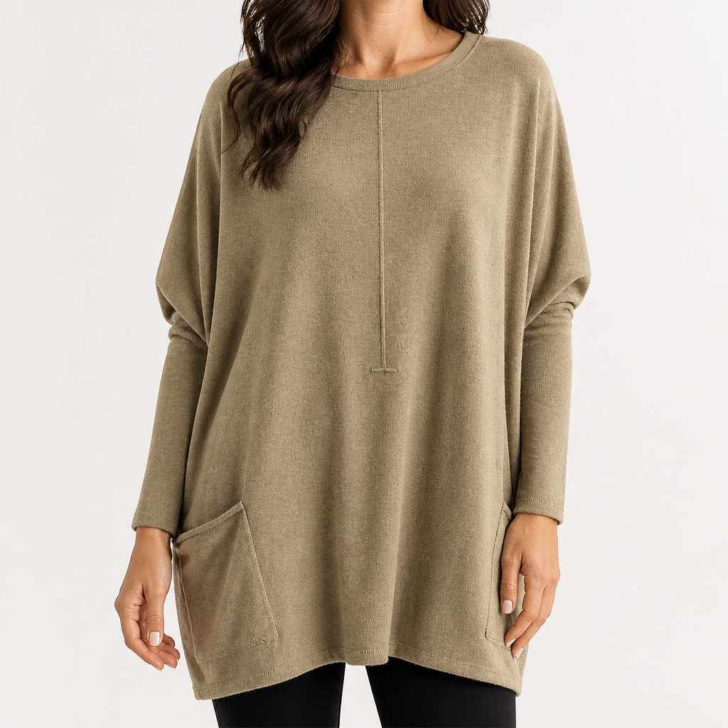 Wilhelmina | Womens Bat Sleeve Long Cotton Pocket Base Top, Khaki