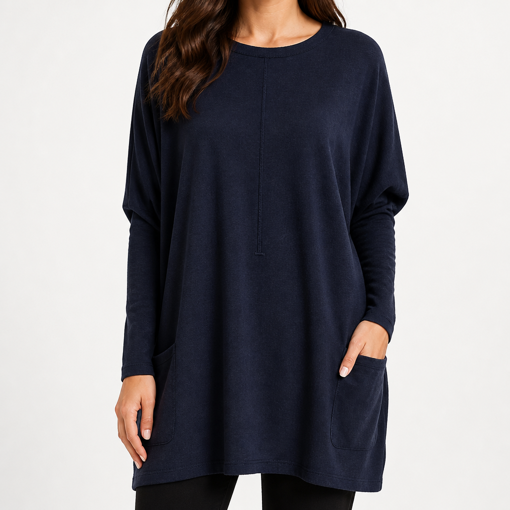 Wilhelmina | Womens Bat Sleeve Long Cotton Pocket Base Top, Navy Blue