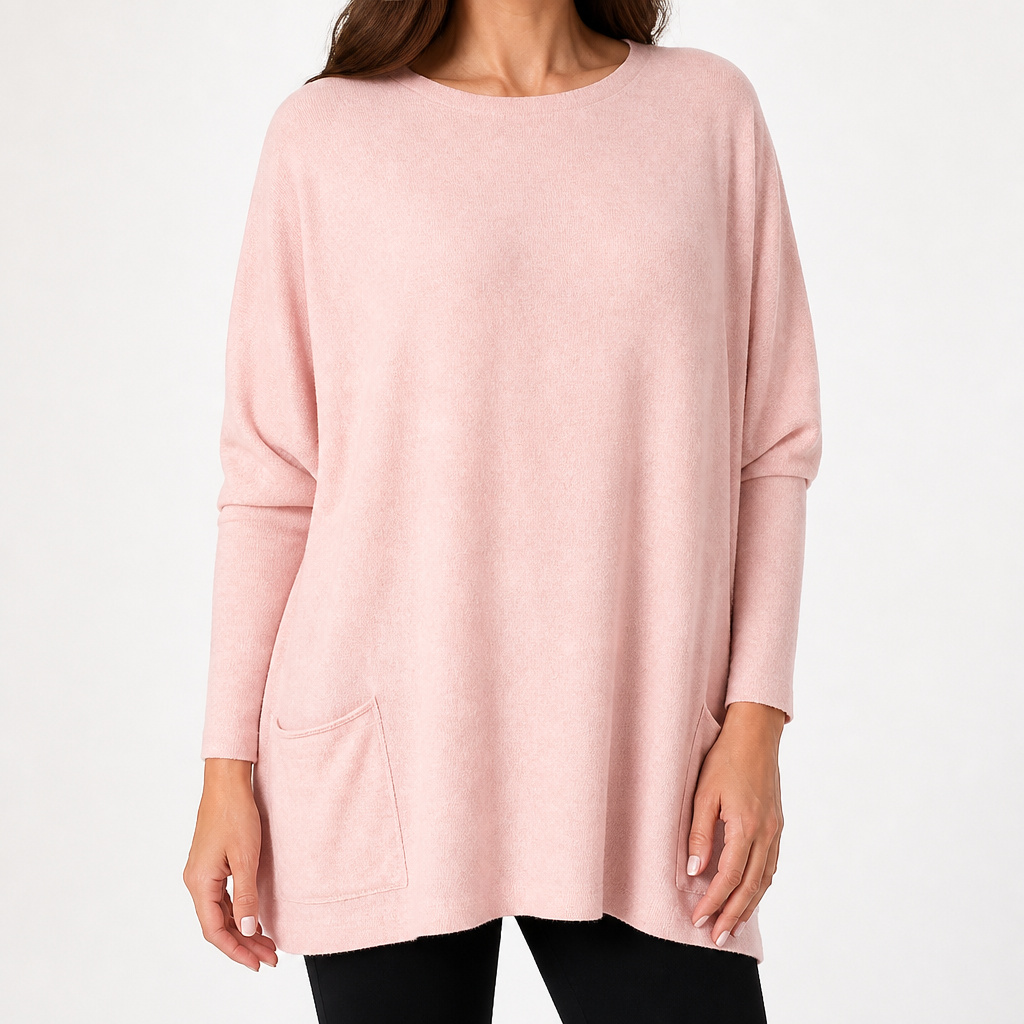 Wilhelmina | Womens Bat Sleeve Long Cotton Pocket Base Top, Pink