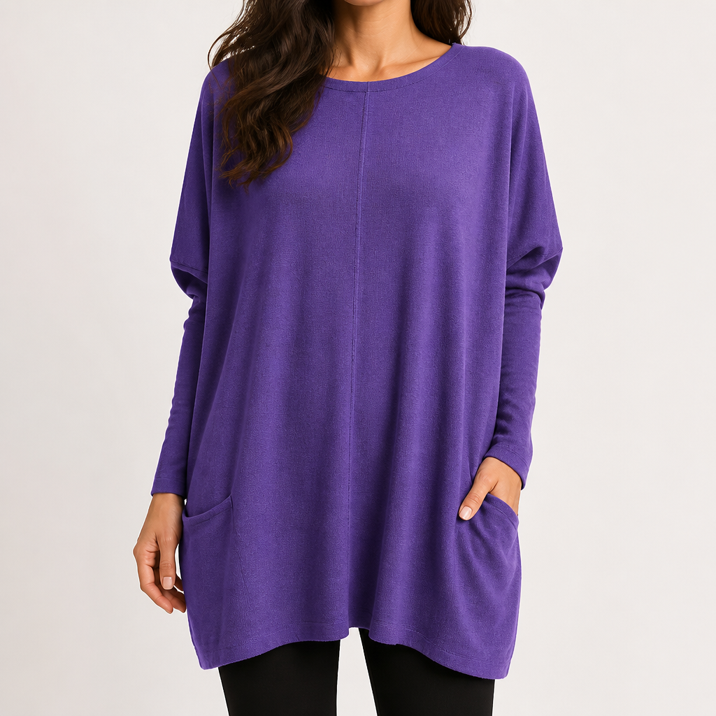 Wilhelmina | Womens Bat Sleeve Long Cotton Pocket Base Top, Purple