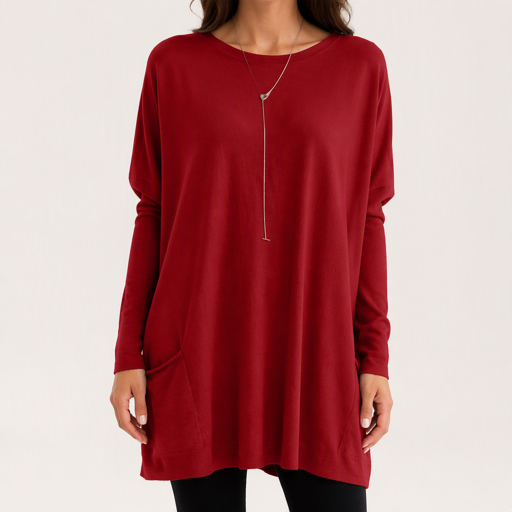 Wilhelmina | Womens Bat Sleeve Long Cotton Pocket Base Top, Red