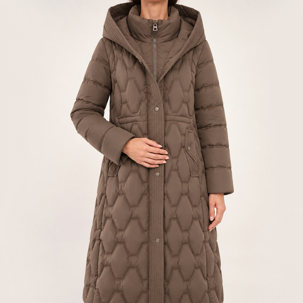 Wilhelmina | Womens Puffer Coat Longline Down Padded Warm Winter Coat, Coffee