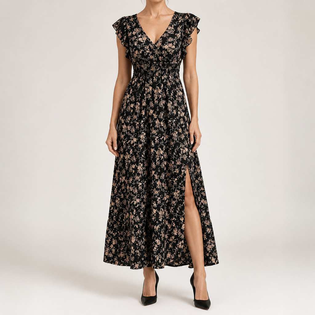 Willa | Womens Wedding Guest Floral Maxi A-Line Summer Dress, Black
