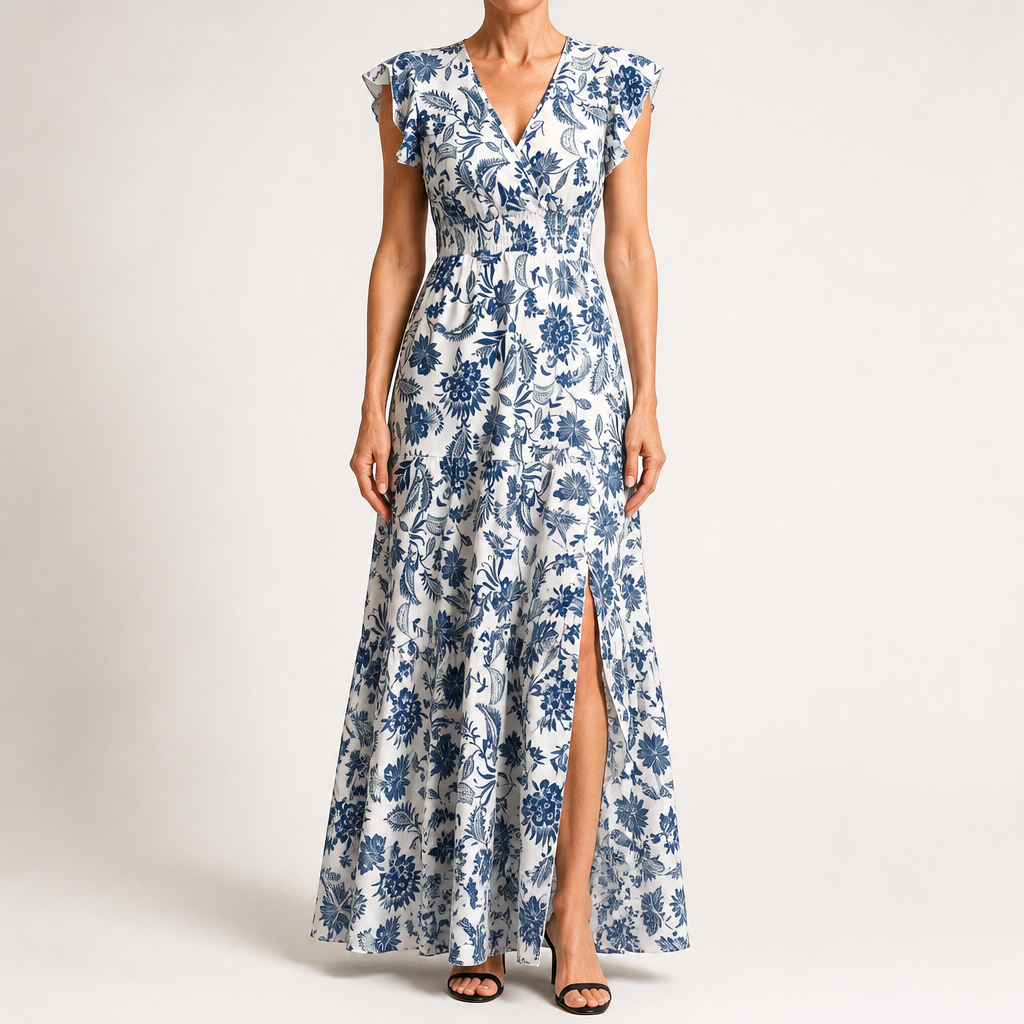 Willa | Womens Wedding Guest Floral Maxi A-Line Summer Dress, Blue
