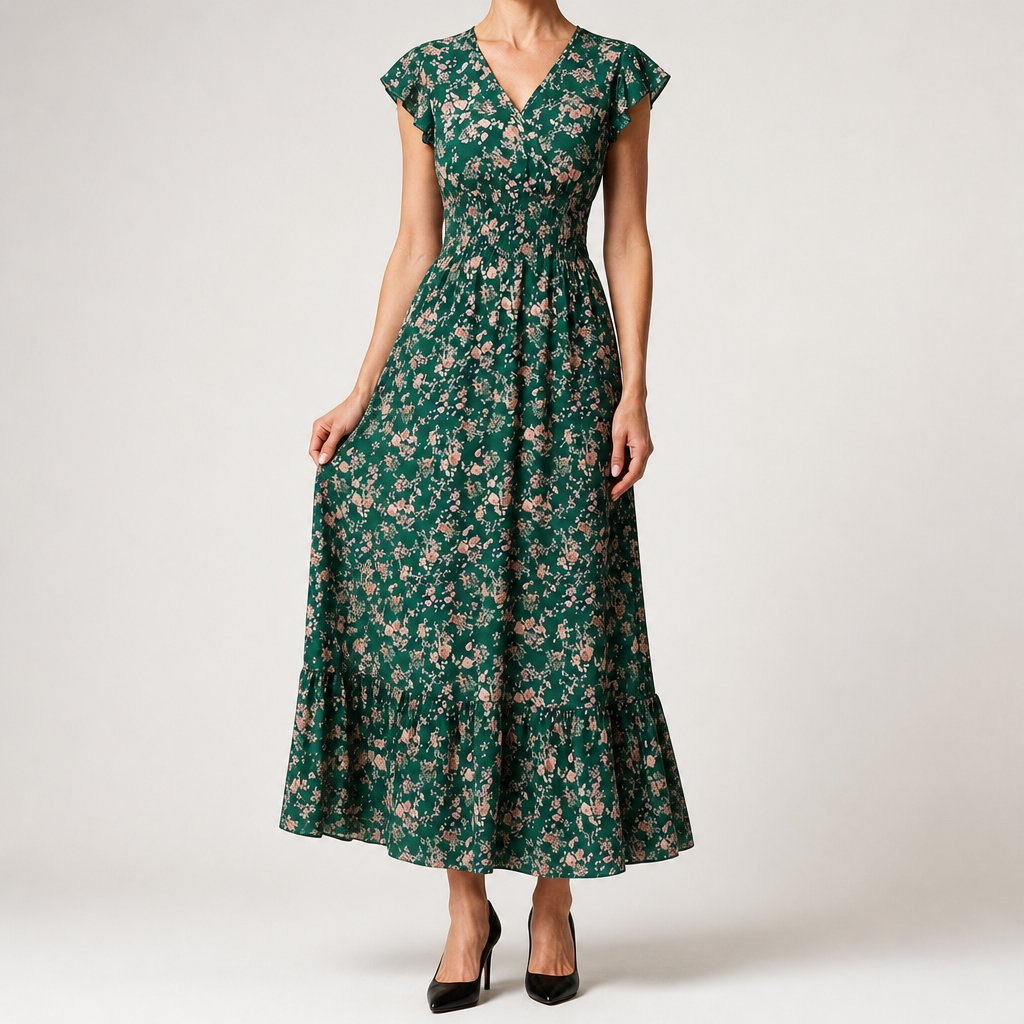 Willa | Womens Wedding Guest Floral Maxi A-Line Summer Dress, Green
