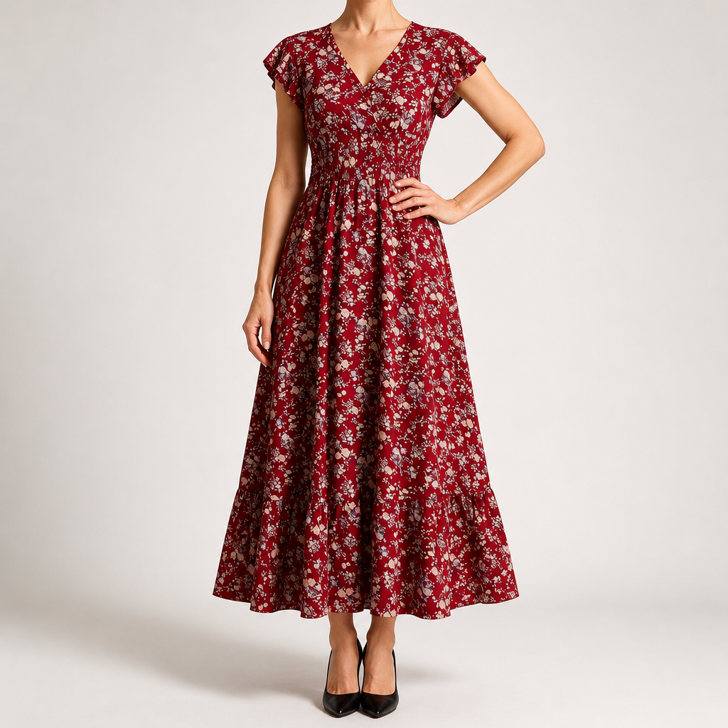 Willa | Womens Wedding Guest Floral Maxi A-Line Summer Dress, Red