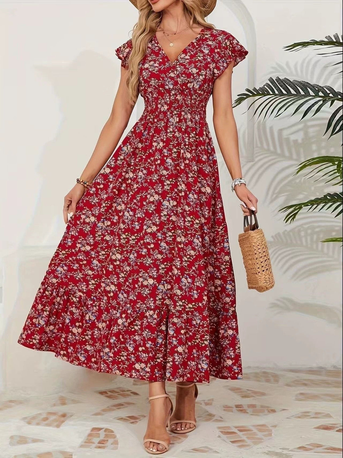 Willa | Womens Floral V Neck A Line Maxi Dress Wedding Wrap Guest - Red