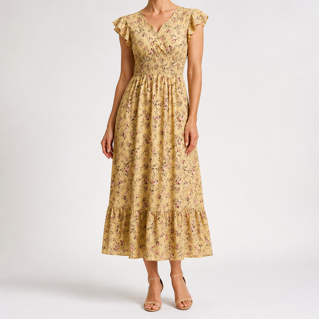 Willa | Womens Wedding Guest Floral Maxi A-Line Summer Dress, Yellow