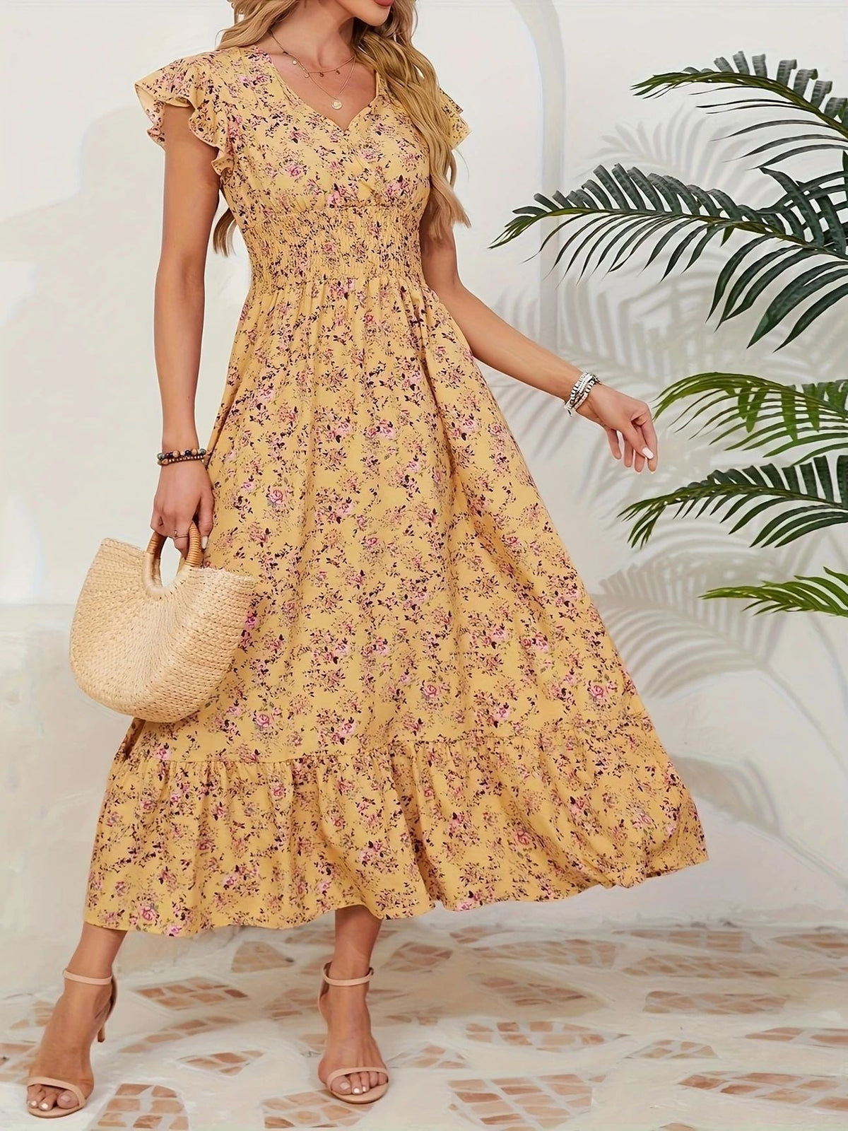 Willa | Womens Floral V Neck A Line Maxi Dress Wedding Guest, Yellow