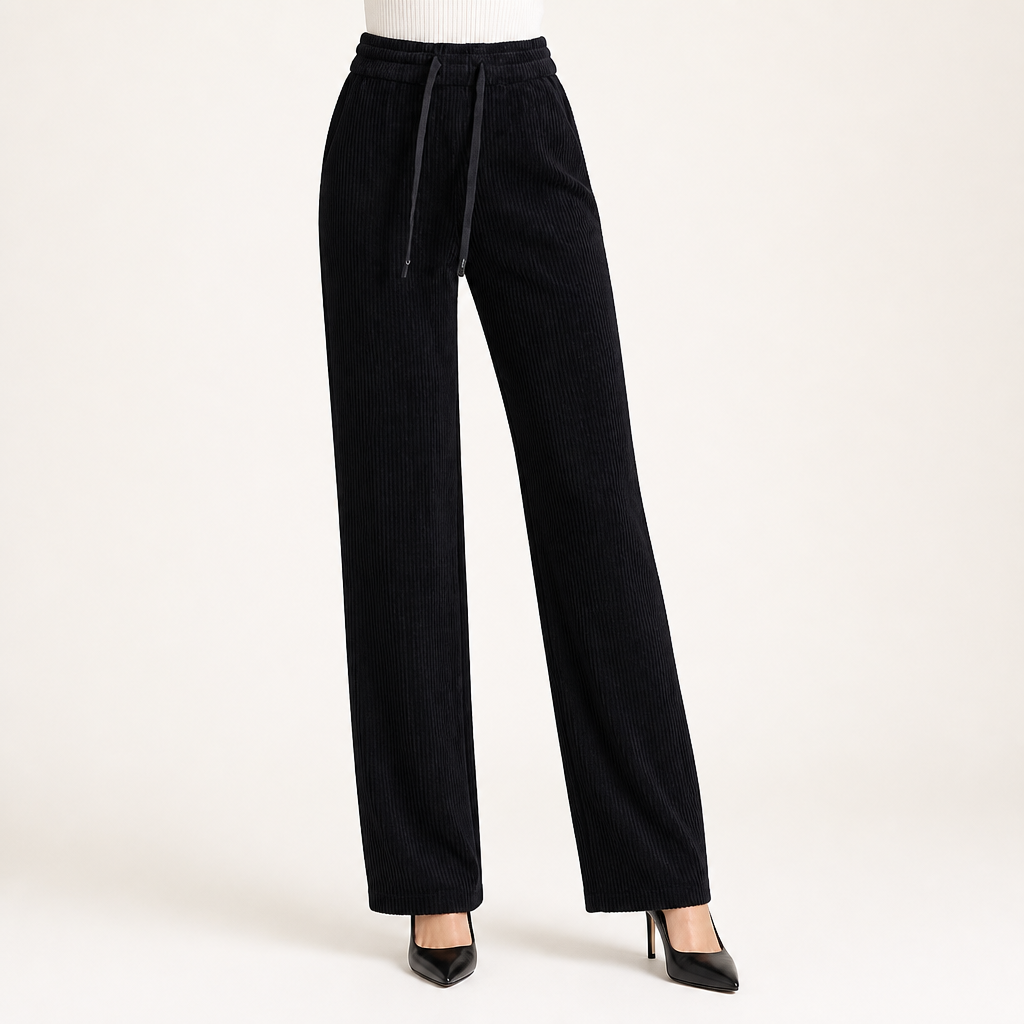 Winifred | Womens Trousers Corduroy Wide Leg High Waisted Casual Pants, Black