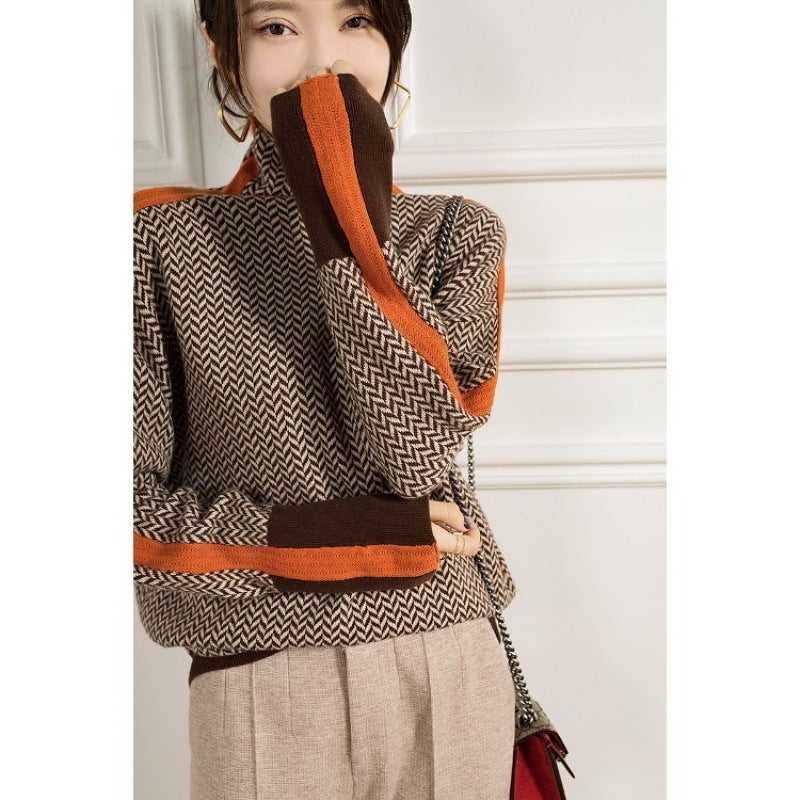 Winifred | Womens Turtleneck Knit Jumper Contrast Sleeve Loose - 1
