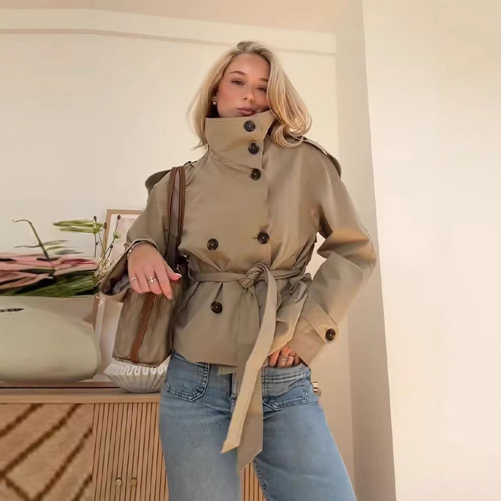 Winnie | Womens Cropped Double Breasted Trench Coat, Khaki