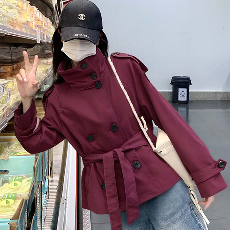 Winnie | Womens Cropped Double Breasted Trench Coat, Wine Red