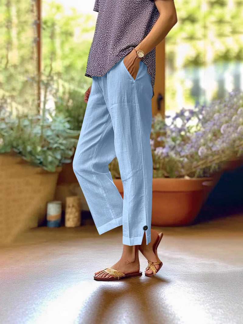 Wren | Womens Cotton Linen Elastic Waist Cropped Trousers Pants - 1