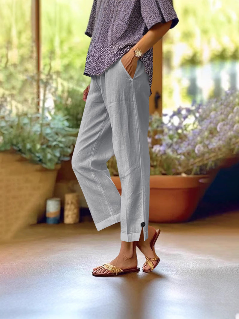Wren | Womens Cotton Linen Elastic Waist Cropped Trousers Pants - 2