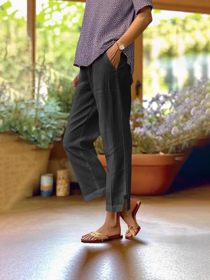 Wren | Womens Cotton Linen Elastic Waist Cropped Trousers Pants - 3