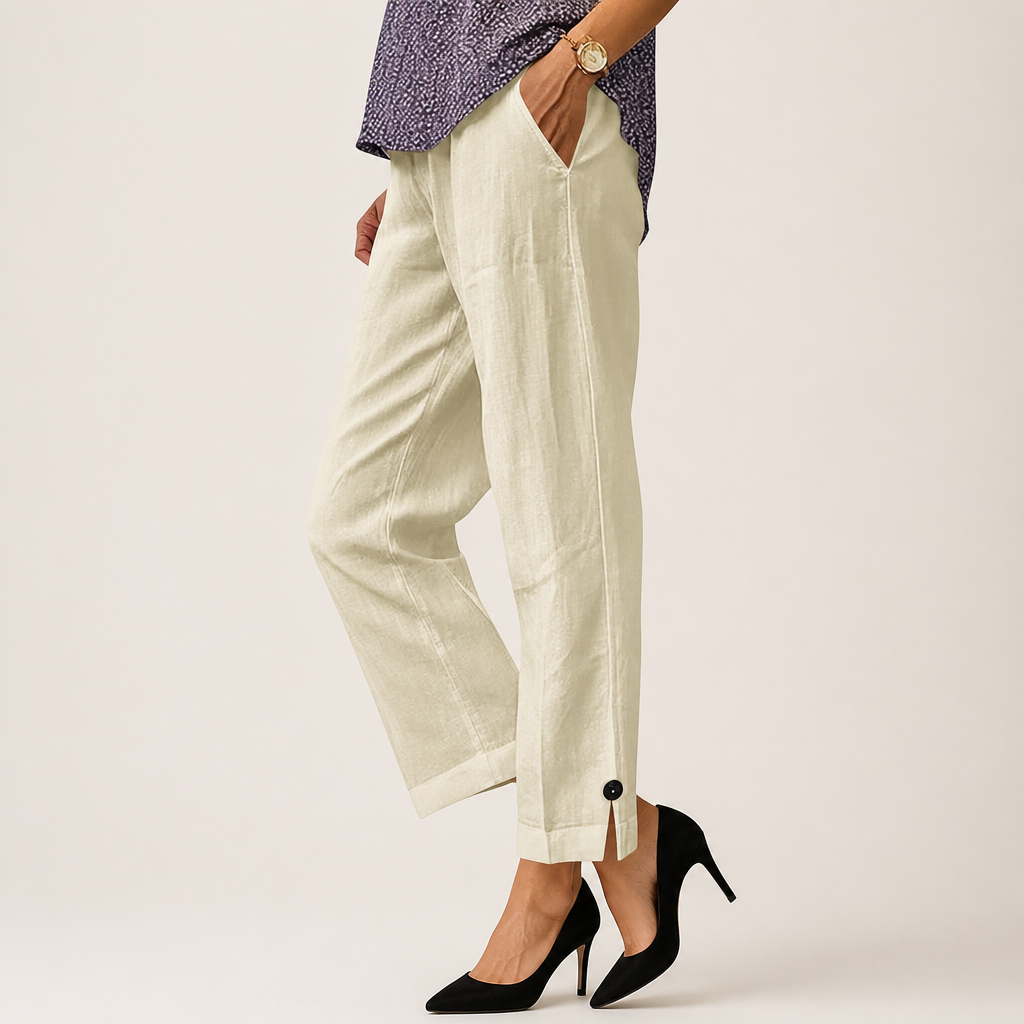 Wren | Womens Cotton Linen Elastic Waist Cropped Trousers Pants, Apricot