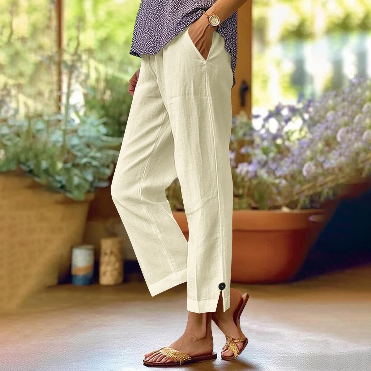 Wren | Womens Cotton Linen Elastic Waist Cropped Trousers Pants - Apricot