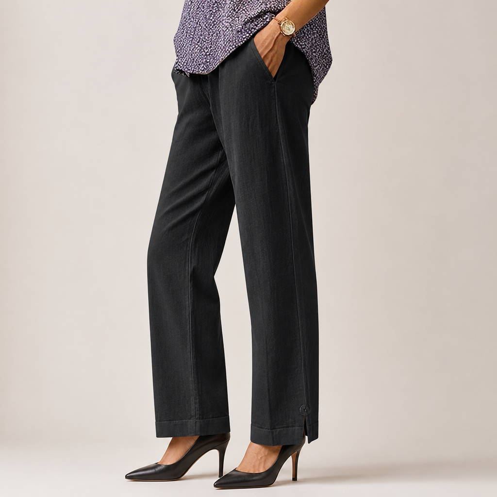 Wren | Womens Cotton Linen Elastic Waist Cropped Trousers Pants, Black