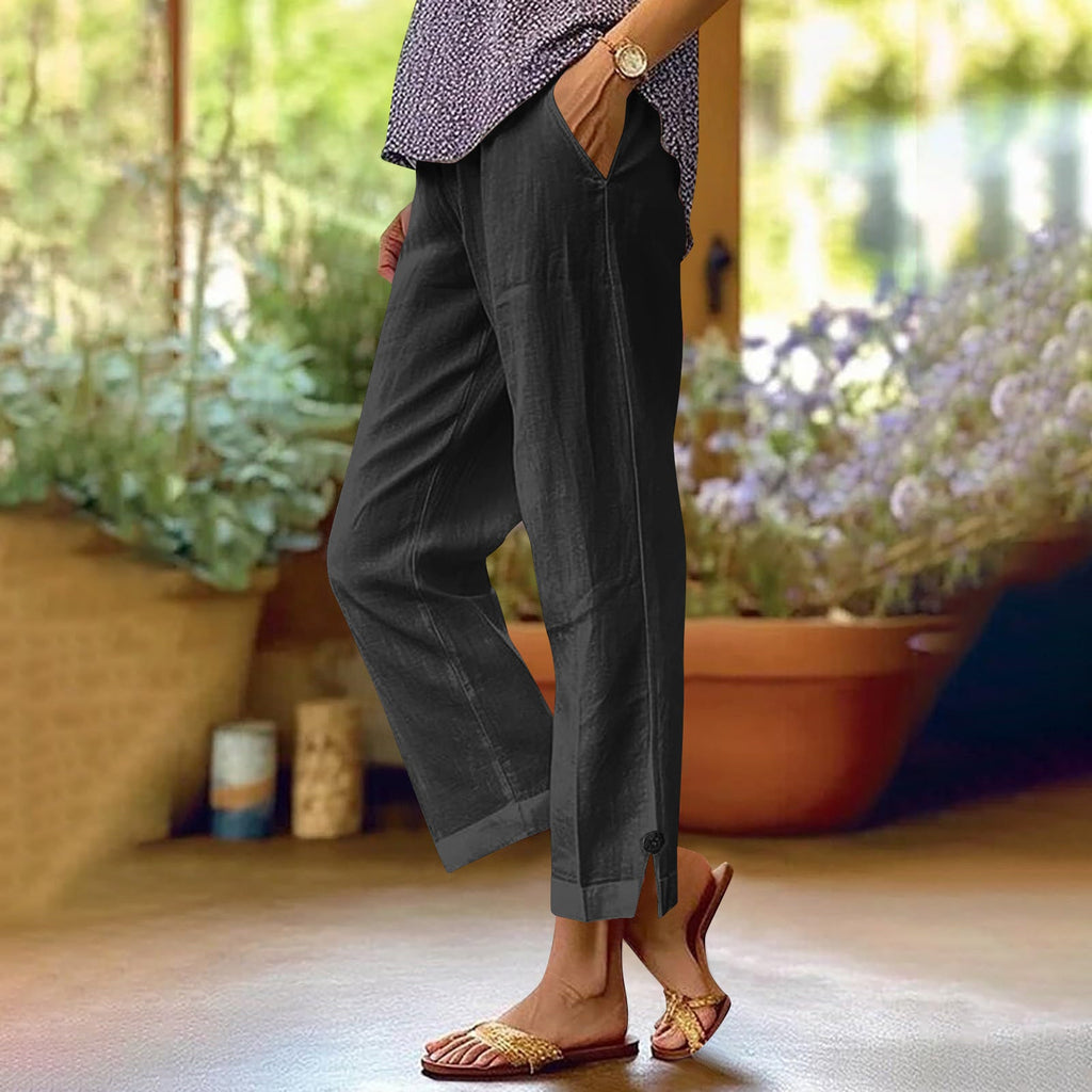Wren | Womens Cotton Linen Elastic Waist Cropped Trousers Pants - Black