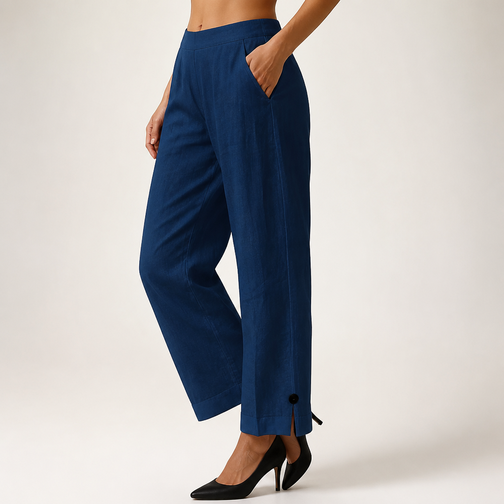 Wren | Womens Cotton Linen Elastic Waist Cropped Trousers Pants, Blue
