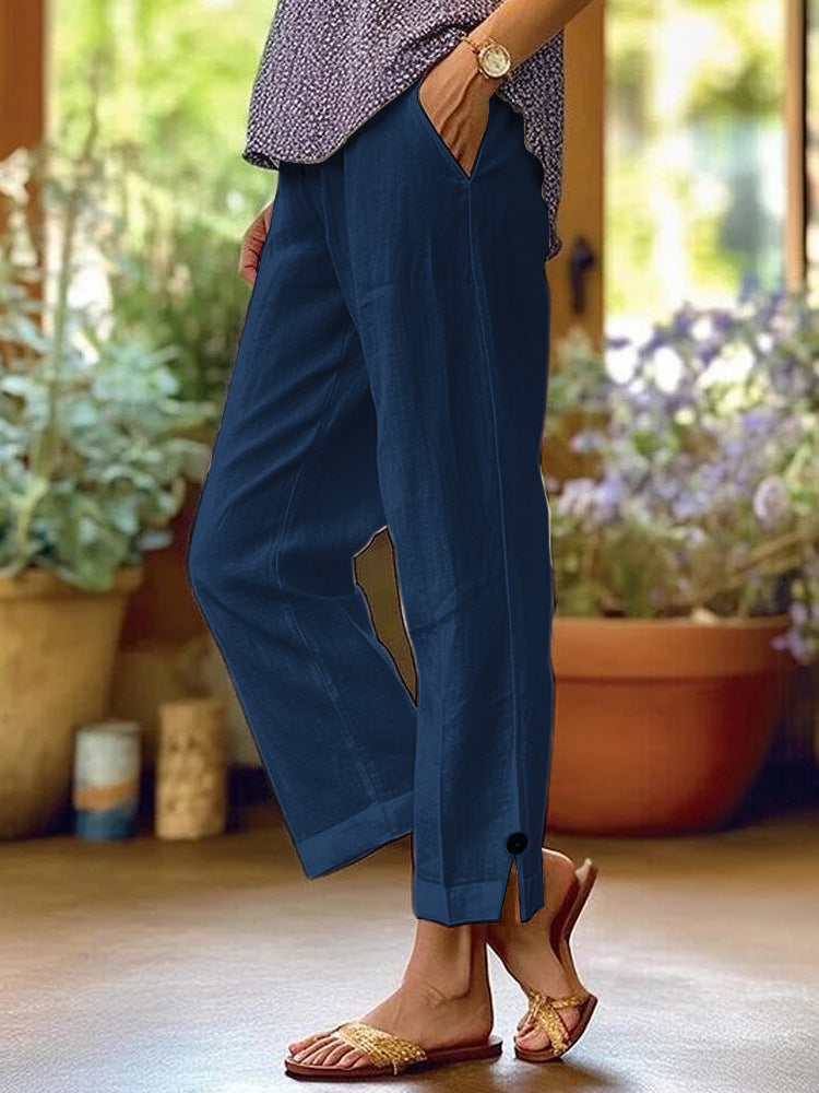 Wren | Womens Cotton Linen Elastic Waist Cropped Trousers Pants - Blue