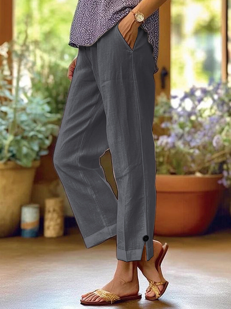 Wren | Womens Cotton Linen Elastic Waist Cropped Trousers Pants - Grey