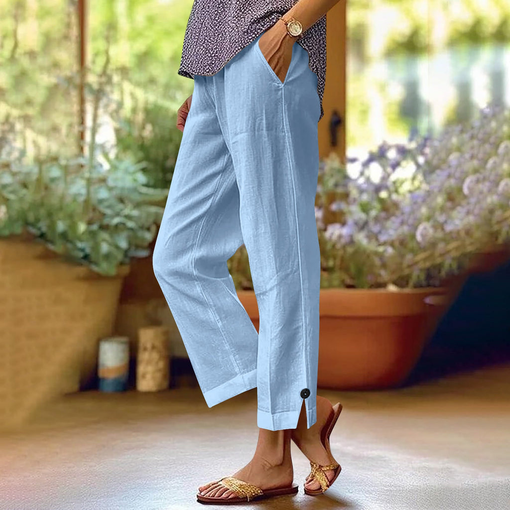 Wren | Womens Cotton Linen Elastic Waist Cropped Trousers Pants - Light Blue