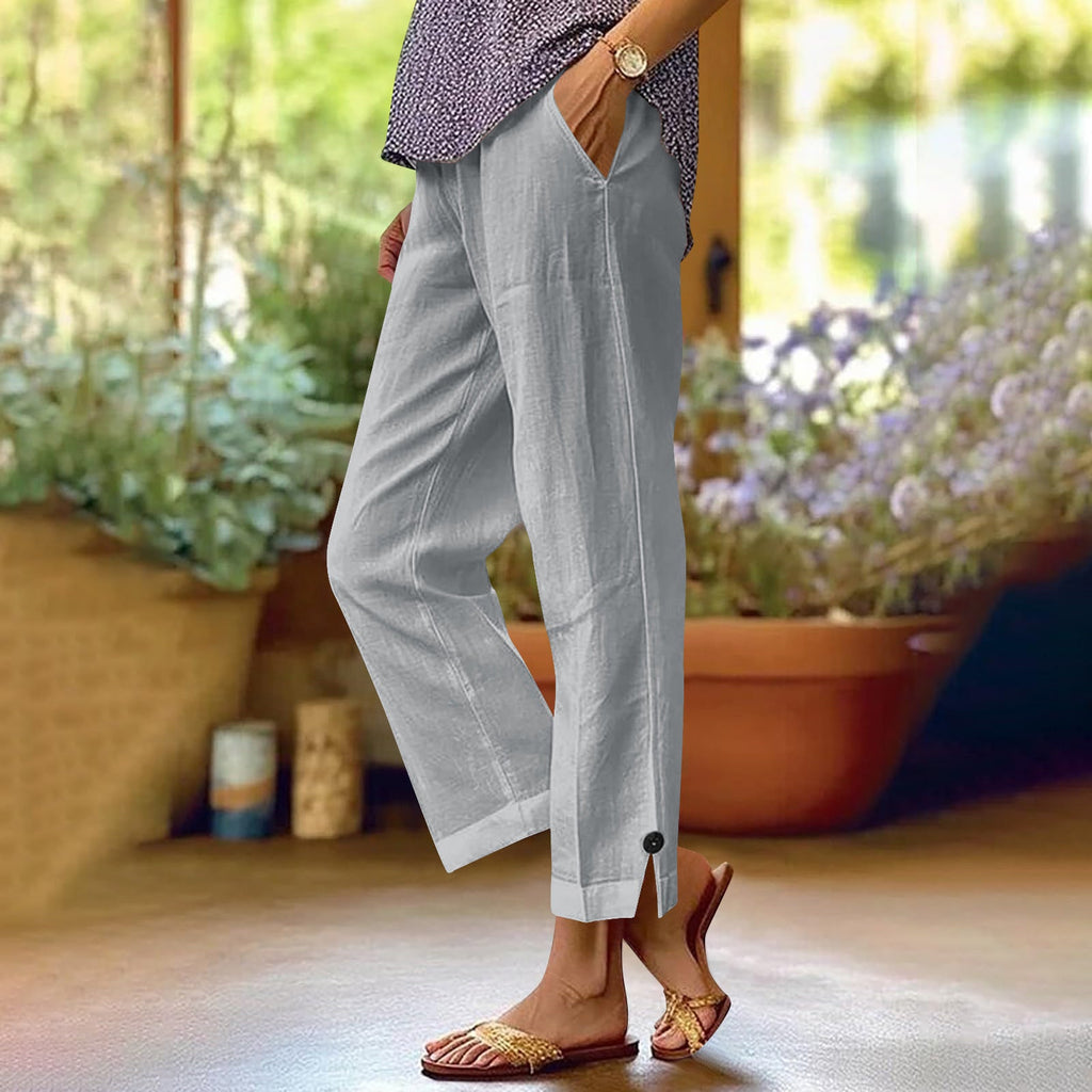 Wren | Womens Cotton Linen Elastic Waist Cropped Trousers Pants - Light Grey